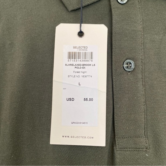 Selected Homme Men's Olive Green Long Sleeve Polo Shirt Size Large NWT - Picture 4 of 9